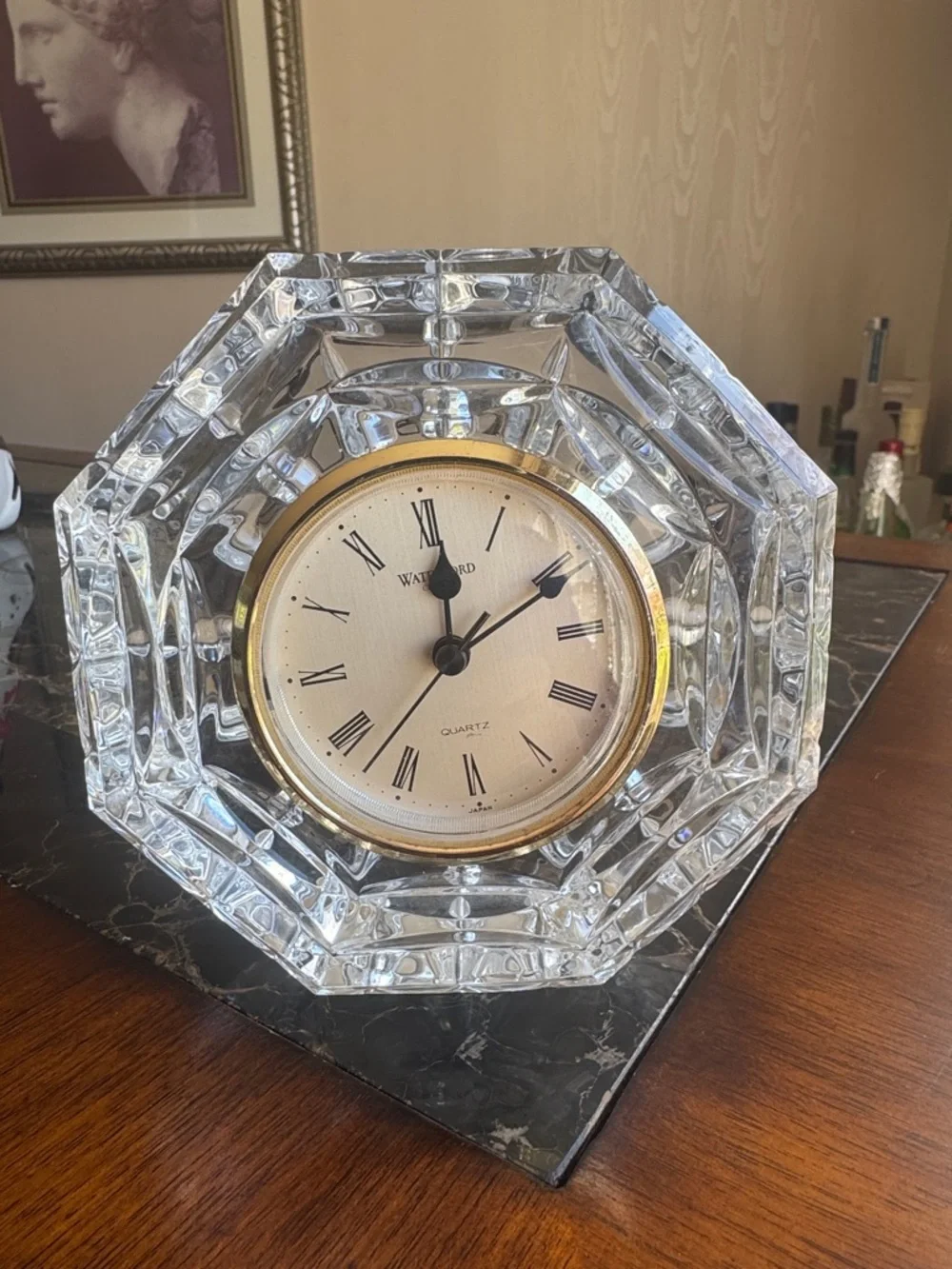 Waterford Crystal Octagonal Mantel Clock - Clear with Gold Trim